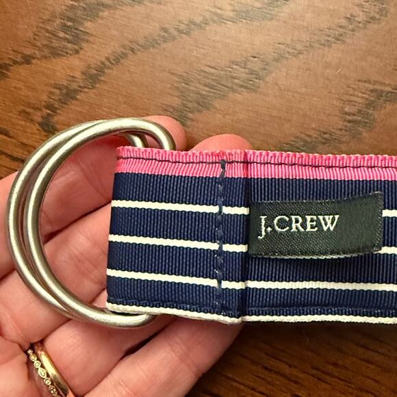 J. Crew Navy and Pink Striped Belt with Silver Rings L/XL - Picture 2 of 2